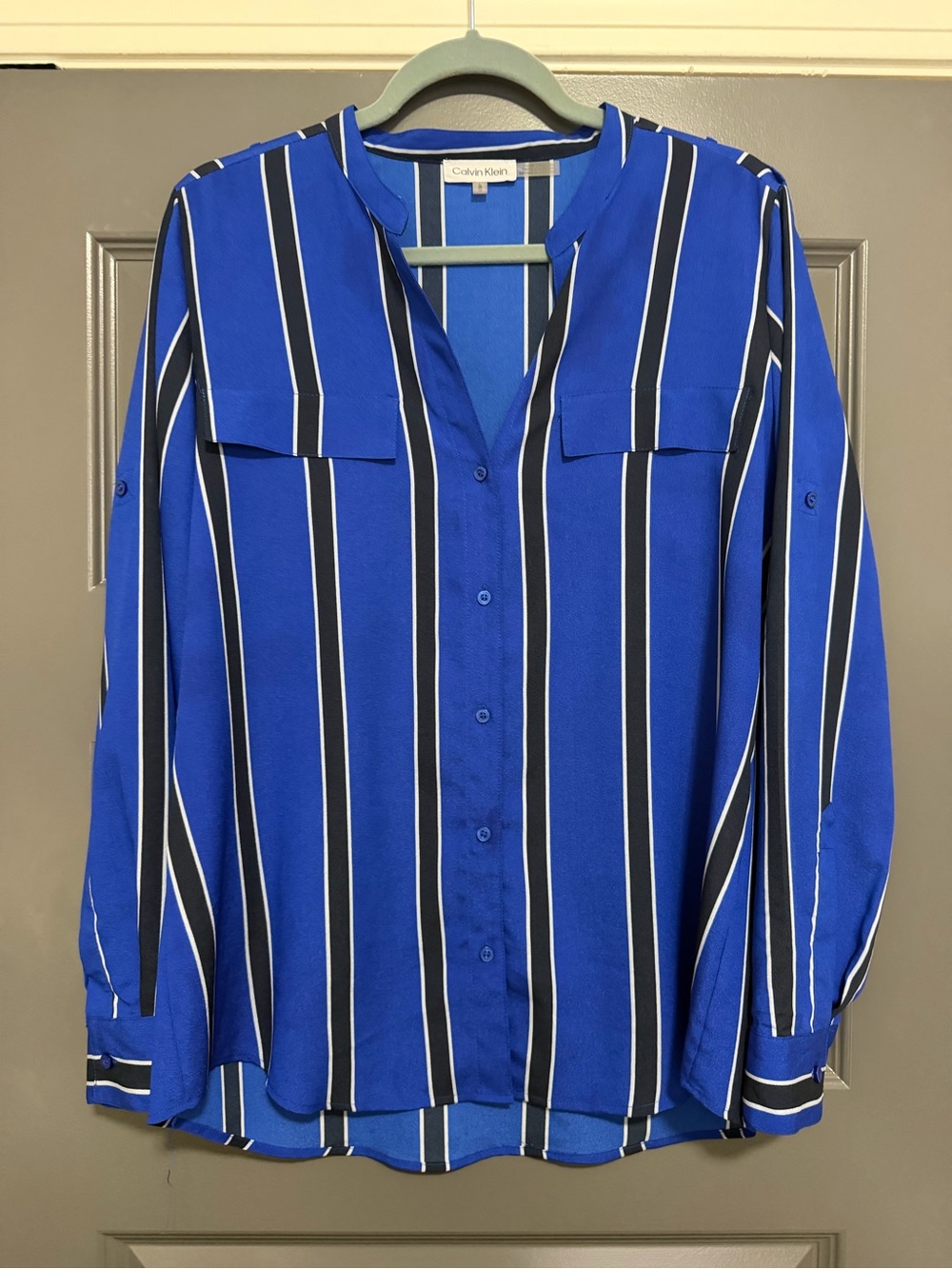 Calvin Klein Royal Blue Black & White Vertical Stripe Blouse